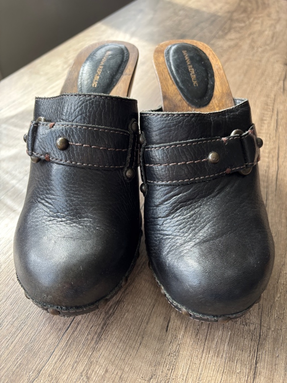 Banana Republic Black Leather Clog Slides with Studded Strap